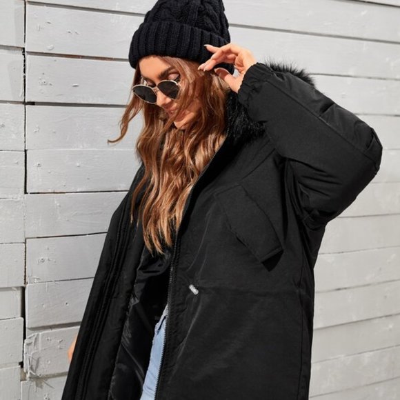 Contemporary Drawstring Waist Parka Winter Coat Black - Picture 6 of 9